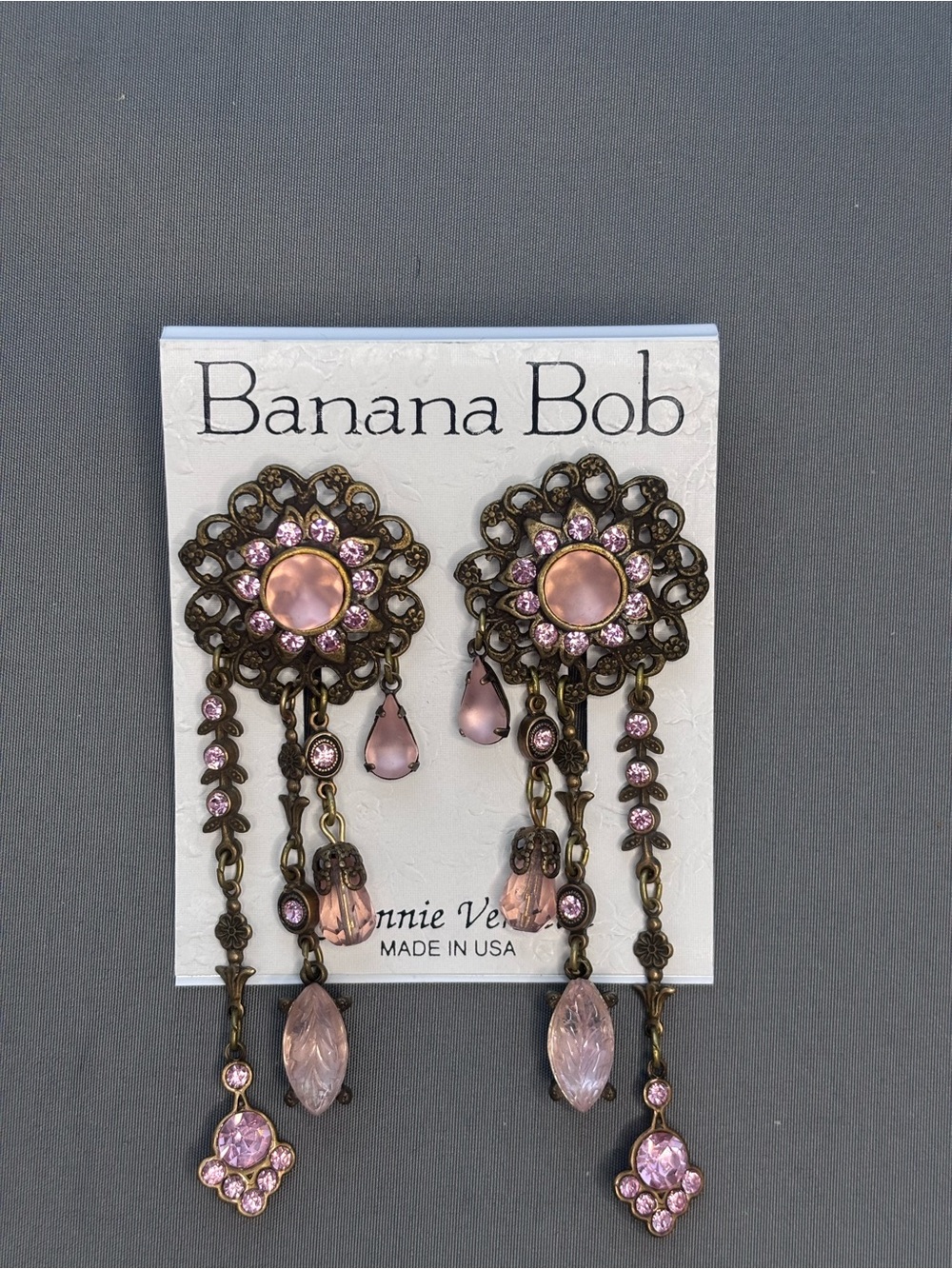 Banana Bob Antique Gold-Tone Pink Crystal Chandelier Earrings
